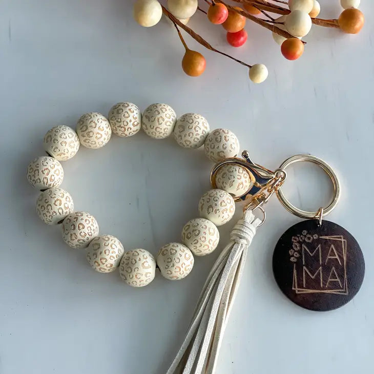 Mama-Themed Beaded Wristlet Keychain with Wooden Disc and Cream-Colored Tassel